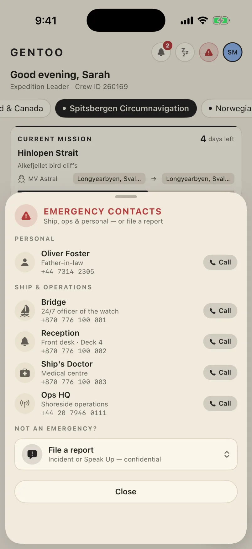Emergency contacts: next of kin, the bridge, reception, the ship's doctor and shoreside ops, each one tap to call, and a way to file a report instead.