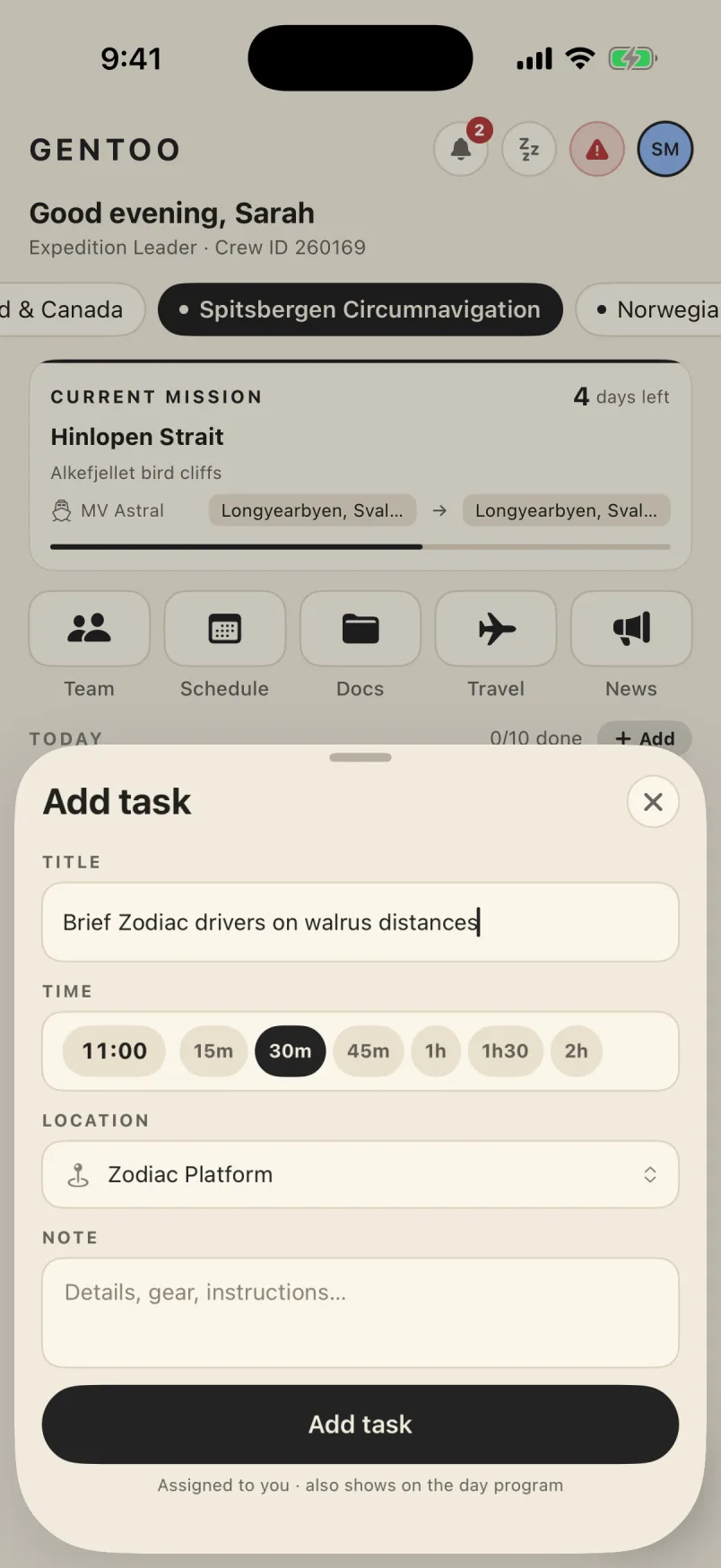 Adding a task from the home screen: a title, a length in taps rather than a time picker, and a location chosen from the ship's own deck plan.
